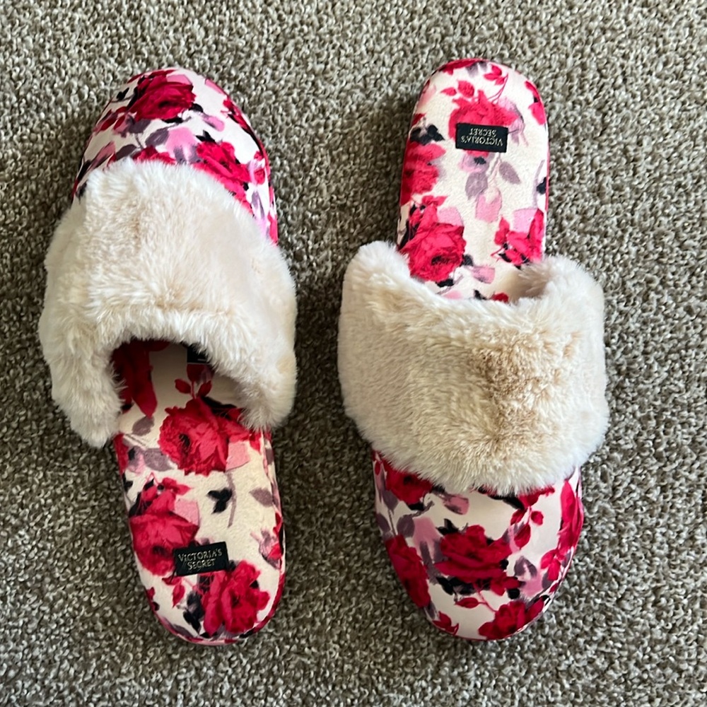 Victoria’s Secret Floral & Fur Slippers- Brand New- Size Medium